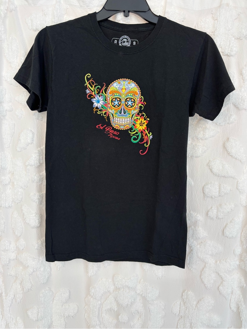 Black El Paso Texas Tee with Colorful Sugar Skull Graphic size small